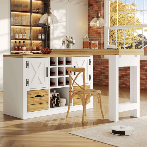 Mesa de jantar extensível de 120 cm u2013 ilha de cozinha multifuncional com aparador, tampo giratório a 360°, amplo espaço de arrumação u2013 Branco