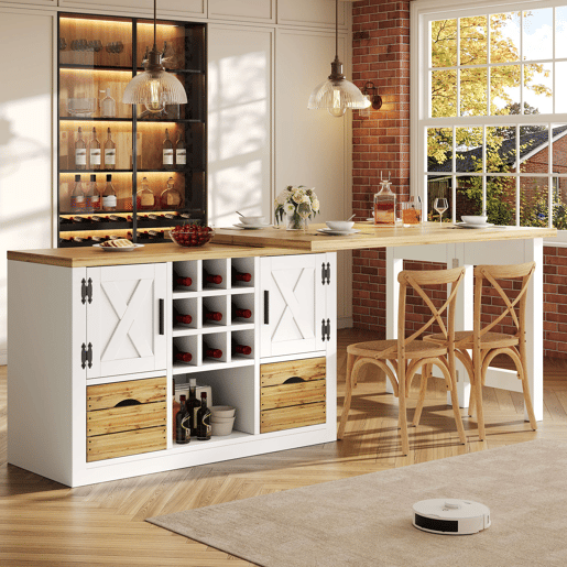 Mesa de jantar extensível de 120 cm u2013 ilha de cozinha multifuncional com aparador, tampo giratório a 360°, amplo espaço de arrumação u2013 Branco