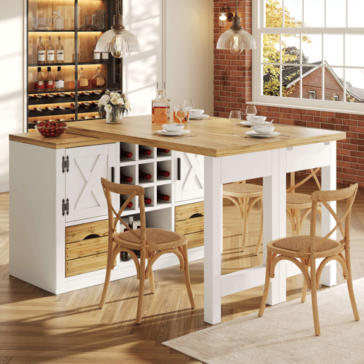 Mesa de jantar extensível de 120 cm u2013 ilha de cozinha multifuncional com aparador, tampo giratório a 360°, amplo espaço de arrumação u2013 Branco
