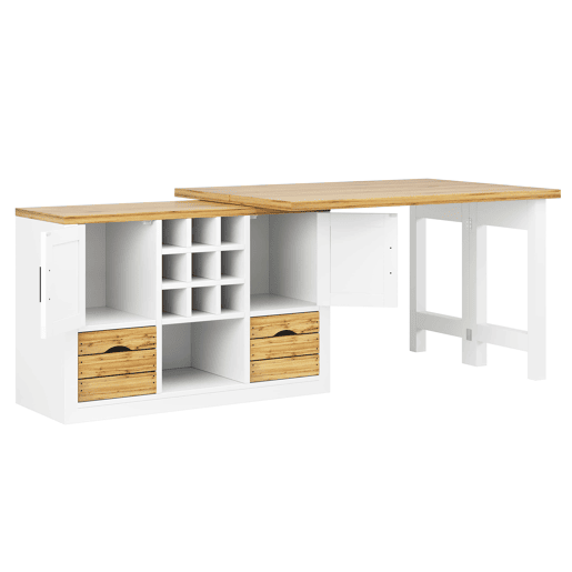 Mesa de jantar extensível de 120 cm u2013 ilha de cozinha multifuncional com aparador, tampo giratório a 360°, amplo espaço de arrumação u2013 Branco