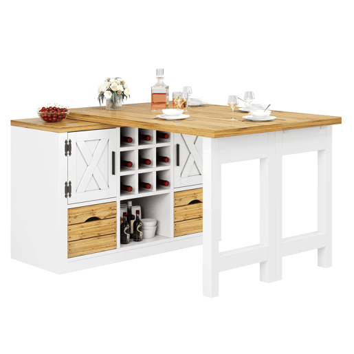 Mesa de jantar extensível de 120 cm u2013 ilha de cozinha multifuncional com aparador, tampo giratório a 360°, amplo espaço de arrumação u2013 Branco