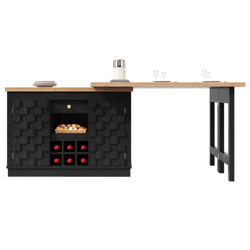 Ilha de cozinha giratória 120-197 cm - portas em patchwork, suporte para garrafas extraível e gavetas - Preto