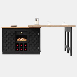 Ilha de cozinha giratória 120-197 cm - portas em patchwork, suporte para garrafas extraível e gavetas - Preto