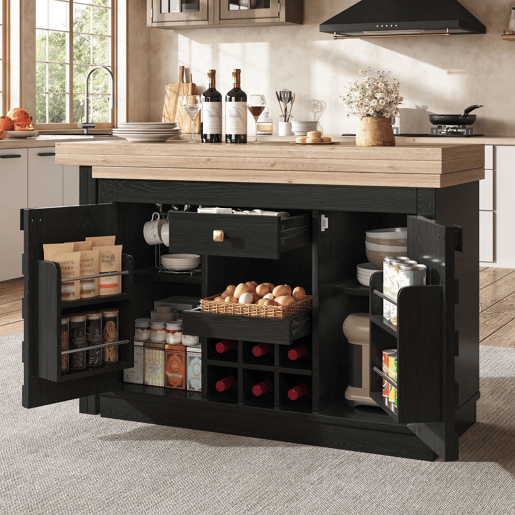 Ilha de cozinha giratória 120-197 cm - portas em patchwork, suporte para garrafas extraível e gavetas - Preto