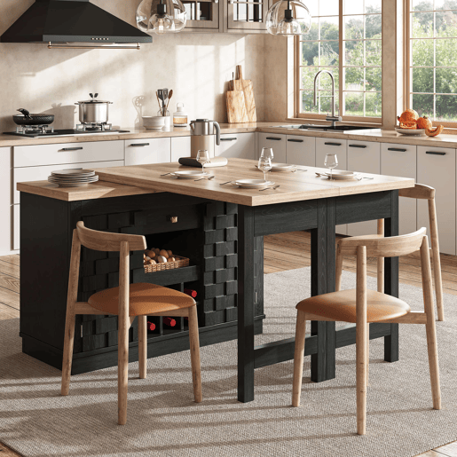 Ilha de cozinha giratória 120-197 cm - portas em patchwork, suporte para garrafas extraível e gavetas - Preto