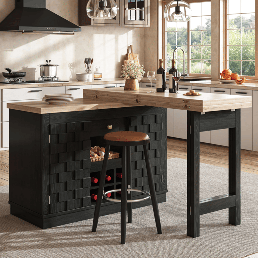 Ilha de cozinha giratória 120-197 cm - portas em patchwork, suporte para garrafas extraível e gavetas - Preto