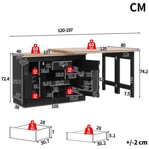 Ilha de cozinha giratória 120-197 cm - portas em patchwork, suporte para garrafas extraível e gavetas - Preto
