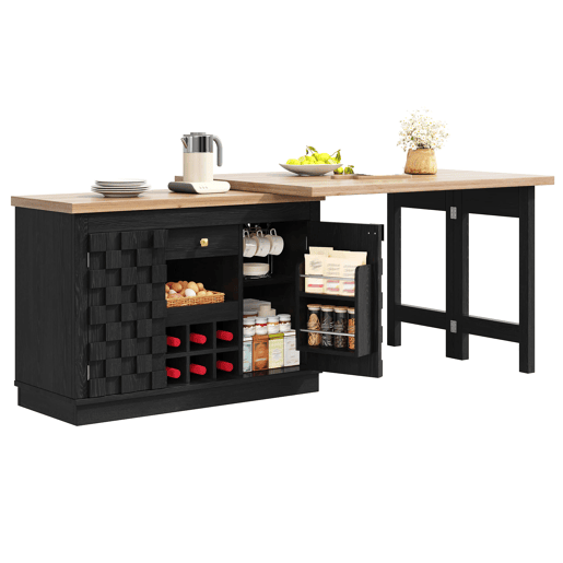 Ilha de cozinha giratória 120-197 cm - portas em patchwork, suporte para garrafas extraível e gavetas - Preto