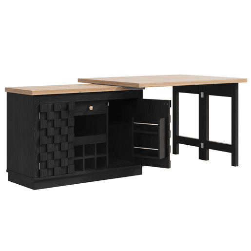 Ilha de cozinha giratória 120-197 cm - portas em patchwork, suporte para garrafas extraível e gavetas - Preto
