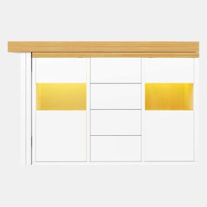 Ilha de cozinha 120u2013197 cm - giratória a 360°, LED RGB com controlo por aplicação, portas de vidro, 4 gavetas grandes e prateleiras ajustáveis - Branco