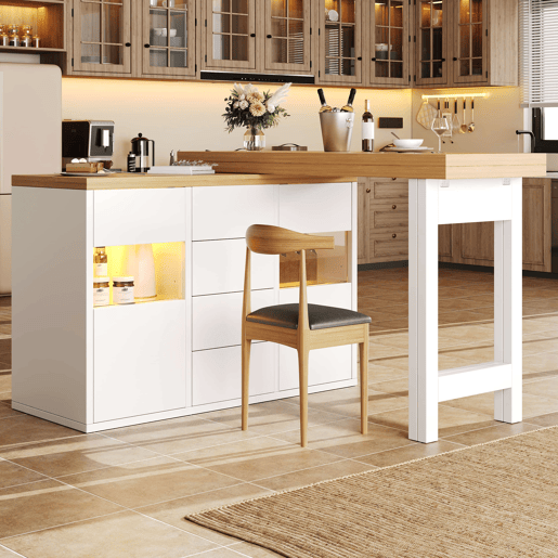 Ilha de cozinha 120u2013197 cm - giratória a 360°, LED RGB com controlo por aplicação, portas de vidro, 4 gavetas grandes e prateleiras ajustáveis - Branco