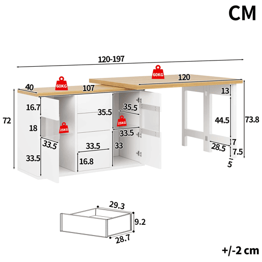 Ilha de cozinha 120u2013197 cm - giratória a 360°, LED RGB com controlo por aplicação, portas de vidro, 4 gavetas grandes e prateleiras ajustáveis - Branco