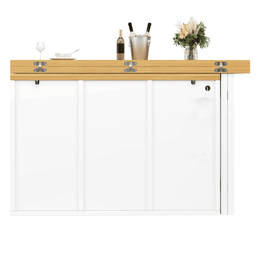 Ilha de cozinha 120u2013197 cm - giratória a 360°, LED RGB com controlo por aplicação, portas de vidro, 4 gavetas grandes e prateleiras ajustáveis - Branco