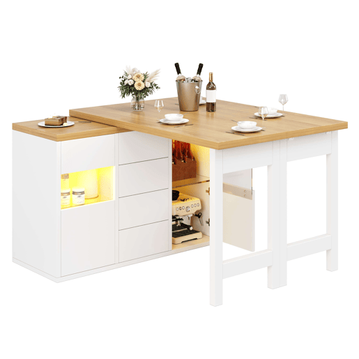 Ilha de cozinha 120u2013197 cm - giratória a 360°, LED RGB com controlo por aplicação, portas de vidro, 4 gavetas grandes e prateleiras ajustáveis - Branco