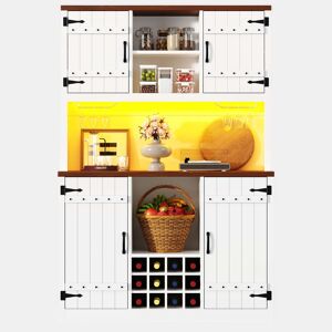 Armário alto de cozinha 120 x 40 x 180 cm - Estilo industrial vintage com LED RGB, prateleiras ajustáveis e suporte para garrafas - Branco