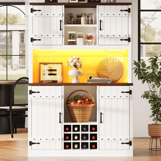 Armário alto de cozinha 120 x 40 x 180 cm - Estilo industrial vintage com LED RGB, prateleiras ajustáveis e suporte para garrafas - Branco