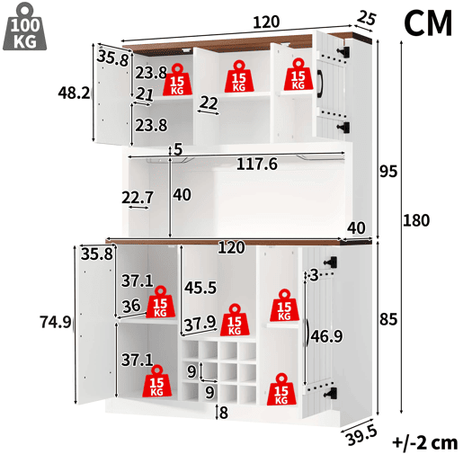 Armário alto de cozinha 120 x 40 x 180 cm - Estilo industrial vintage com LED RGB, prateleiras ajustáveis e suporte para garrafas - Branco