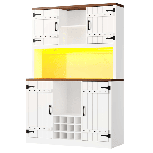 Armário alto de cozinha 120 x 40 x 180 cm - Estilo industrial vintage com LED RGB, prateleiras ajustáveis e suporte para garrafas - Branco