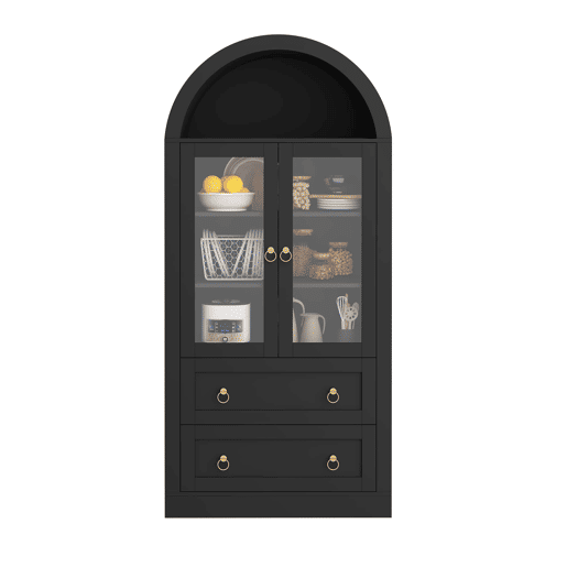 Armário alto de arrumação 80x36x170 cm u2014 com gavetas, portas de vidro e design para a cozinha e a sala u2014 preto Armário alto de arrumação 80x36x170 cm u2014 com gavetas, portas de vidro e design para a cozinha e a sala u2014 preto