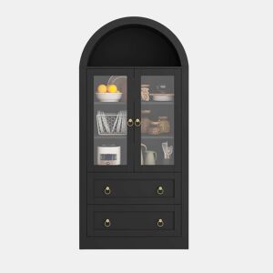 Armário alto de arrumação 80x36x170 cm u2014 com gavetas, portas de vidro e design para a cozinha e a sala u2014 preto