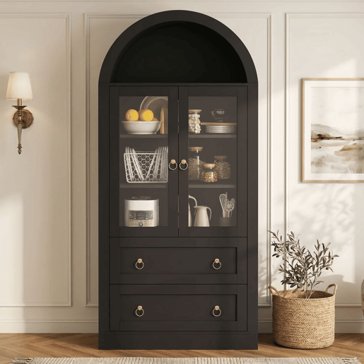 Armário alto de arrumação 80x36x170 cm u2014 com gavetas, portas de vidro e design para a cozinha e a sala u2014 preto Armário alto de arrumação 80x36x170 cm u2014 com gavetas, portas de vidro e design para a cozinha e a sala u2014 preto