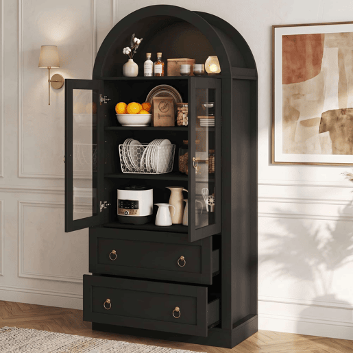 Armário alto de arrumação 80x36x170 cm u2014 com gavetas, portas de vidro e design para a cozinha e a sala u2014 preto Armário alto de arrumação 80x36x170 cm u2014 com gavetas, portas de vidro e design para a cozinha e a sala u2014 preto