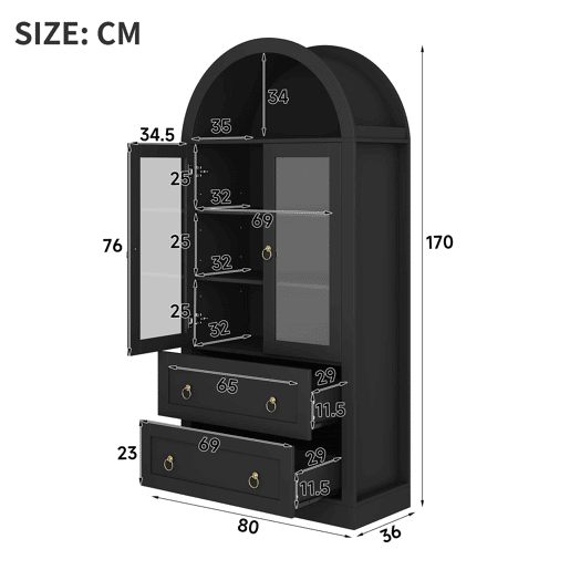 Armário alto de arrumação 80x36x170 cm u2014 com gavetas, portas de vidro e design para a cozinha e a sala u2014 preto Armário alto de arrumação 80x36x170 cm u2014 com gavetas, portas de vidro e design para a cozinha e a sala u2014 preto