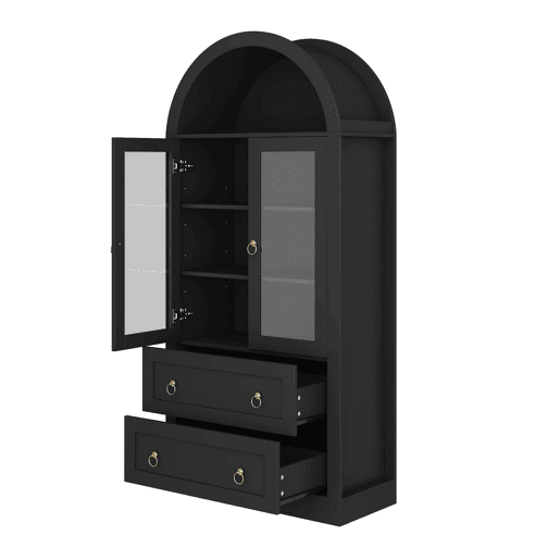 Armário alto de arrumação 80x36x170 cm u2014 com gavetas, portas de vidro e design para a cozinha e a sala u2014 preto Armário alto de arrumação 80x36x170 cm u2014 com gavetas, portas de vidro e design para a cozinha e a sala u2014 preto