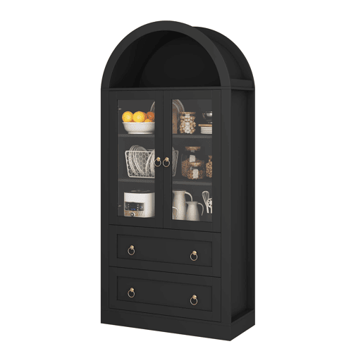 Armário alto de arrumação 80x36x170 cm u2014 com gavetas, portas de vidro e design para a cozinha e a sala u2014 preto Armário alto de arrumação 80x36x170 cm u2014 com gavetas, portas de vidro e design para a cozinha e a sala u2014 preto