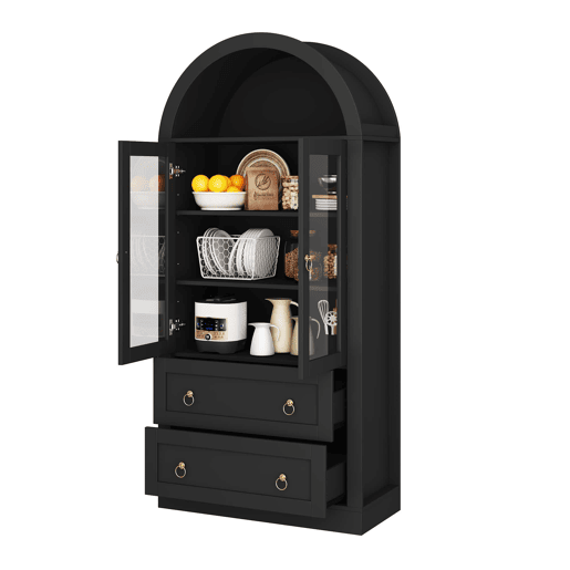 Armário alto de arrumação 80x36x170 cm u2014 com gavetas, portas de vidro e design para a cozinha e a sala u2014 preto Armário alto de arrumação 80x36x170 cm u2014 com gavetas, portas de vidro e design para a cozinha e a sala u2014 preto