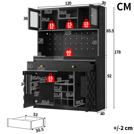 Armário alto de cozinha multifuncional - Frente em acrílico, prateleiras ajustáveis, painel perfurado, suporte para garrafas, LED e USB - Preto Armário alto de cozinha multifuncional - Frente em acrílico, prateleiras ajustáveis, painel perfurado, suporte para garrafas, LED e USB - Preto
