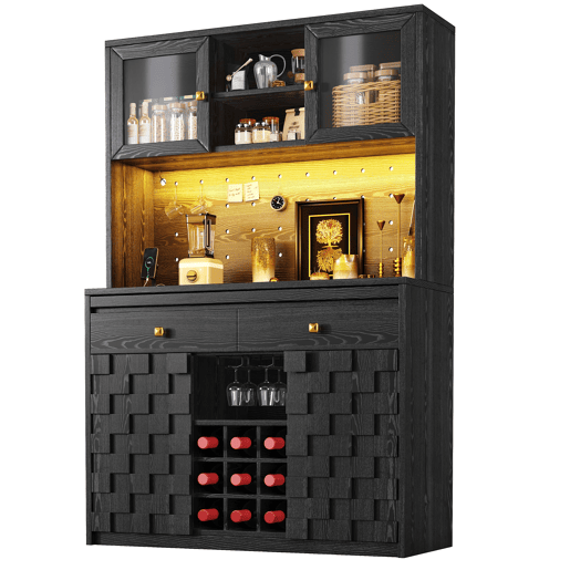 Armário alto de cozinha multifuncional - Frente em acrílico, prateleiras ajustáveis, painel perfurado, suporte para garrafas, LED e USB - Preto Armário alto de cozinha multifuncional - Frente em acrílico, prateleiras ajustáveis, painel perfurado, suporte para garrafas, LED e USB - Preto