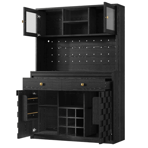 Armário alto de cozinha multifuncional - Frente em acrílico, prateleiras ajustáveis, painel perfurado, suporte para garrafas, LED e USB - Preto Armário alto de cozinha multifuncional - Frente em acrílico, prateleiras ajustáveis, painel perfurado, suporte para garrafas, LED e USB - Preto