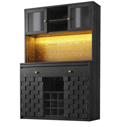 Armário alto de cozinha multifuncional - Frente em acrílico, prateleiras ajustáveis, painel perfurado, suporte para garrafas, LED e USB - Preto Armário alto de cozinha multifuncional - Frente em acrílico, prateleiras ajustáveis, painel perfurado, suporte para garrafas, LED e USB - Preto