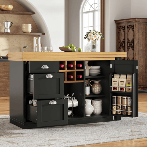 Mesa de cozinha extensível com arrumação - Ilha de cozinha com suporte para garrafas, gaveta e design dobrável a 360° - Preto