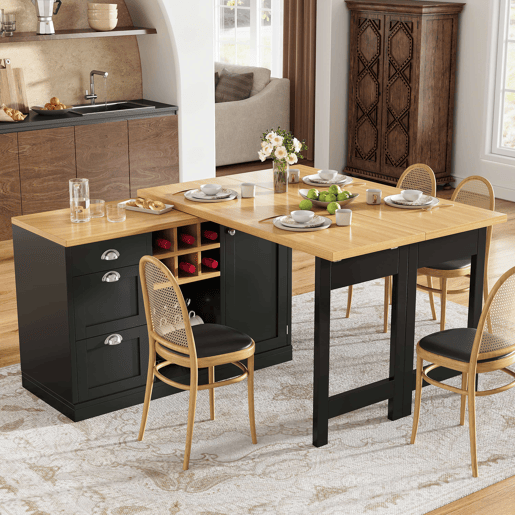 Mesa de cozinha extensível com arrumação - Ilha de cozinha com suporte para garrafas, gaveta e design dobrável a 360° - Preto