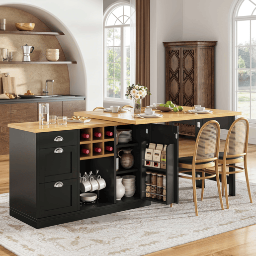 Mesa de cozinha extensível com arrumação - Ilha de cozinha com suporte para garrafas, gaveta e design dobrável a 360° - Preto