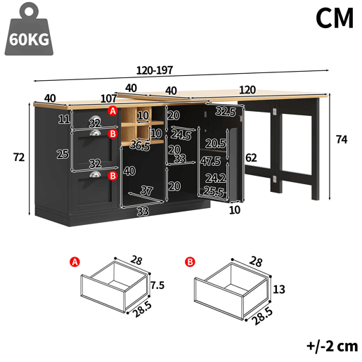 Mesa de cozinha extensível com arrumação - Ilha de cozinha com suporte para garrafas, gaveta e design dobrável a 360° - Preto