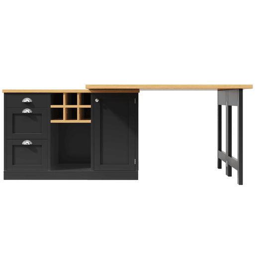 Mesa de cozinha extensível com arrumação - Ilha de cozinha com suporte para garrafas, gaveta e design dobrável a 360° - Preto