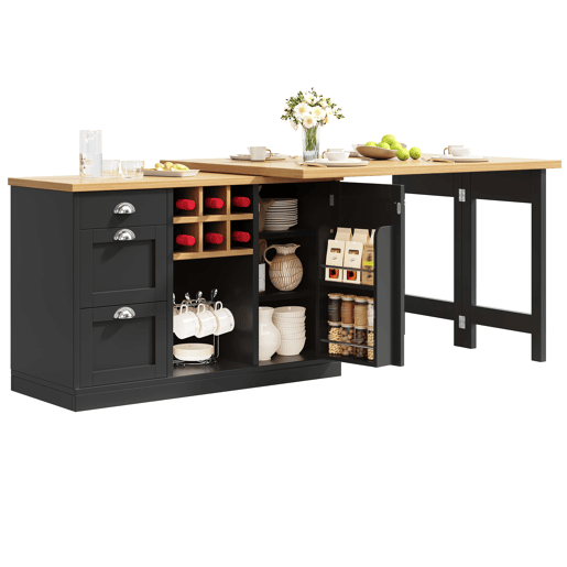 Mesa de cozinha extensível com arrumação - Ilha de cozinha com suporte para garrafas, gaveta e design dobrável a 360° - Preto