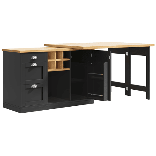 Mesa de cozinha extensível com arrumação - Ilha de cozinha com suporte para garrafas, gaveta e design dobrável a 360° - Preto