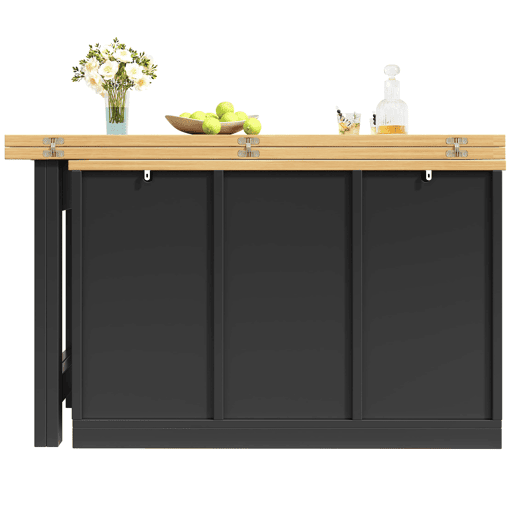 Mesa de cozinha extensível com arrumação - Ilha de cozinha com suporte para garrafas, gaveta e design dobrável a 360° - Preto