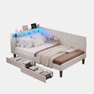 Cama estofada de 140x200 cm com estrado de ripas, cama de veludo com 2 gavetas, iluminação LED, porta de carregamento USB e Tipo-C, sofá-cama 2 em 1, bege