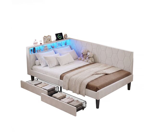 Cama tapizada de 140x200 cm con somier de láminas, cama de terciopelo con 2 cajones, iluminación led, puerto de carga usb y tipo c, sofá cama 2 en 1,