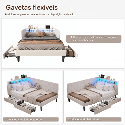 Cama estofada de 140x200 cm com estrado de ripas, cama de veludo com 2 gavetas, iluminação LED, porta de carregamento USB e Tipo-C, sofá-cama 2 em 1, bege Cama estofada de 140x200 cm com estrado de ripas, cama de veludo com 2 gavetas, iluminação LED, porta de carregamento USB e Tipo-C, sofá-cama 2 em 1, bege