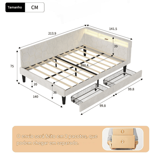 Cama estofada de 140x200 cm com estrado de ripas, cama de veludo com 2 gavetas, iluminação LED, porta de carregamento USB e Tipo-C, sofá-cama 2 em 1, bege Cama estofada de 140x200 cm com estrado de ripas, cama de veludo com 2 gavetas, iluminação LED, porta de carregamento USB e Tipo-C, sofá-cama 2 em 1, bege