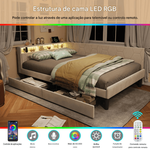 Cama estofada de 140x200 cm com estrado de ripas, cama de veludo com 2 gavetas, iluminação LED, porta de carregamento USB e Tipo-C, sofá-cama 2 em 1, bege Cama estofada de 140x200 cm com estrado de ripas, cama de veludo com 2 gavetas, iluminação LED, porta de carregamento USB e Tipo-C, sofá-cama 2 em 1, bege