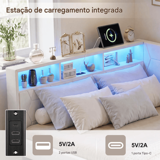 Cama estofada de 140x200 cm com estrado de ripas, cama de veludo com 2 gavetas, iluminação LED, porta de carregamento USB e Tipo-C, sofá-cama 2 em 1, bege Cama estofada de 140x200 cm com estrado de ripas, cama de veludo com 2 gavetas, iluminação LED, porta de carregamento USB e Tipo-C, sofá-cama 2 em 1, bege