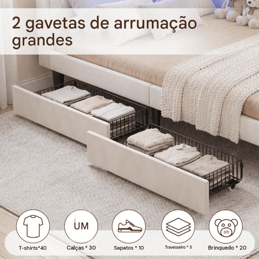 Cama estofada de 140x200 cm com estrado de ripas, cama de veludo com 2 gavetas, iluminação LED, porta de carregamento USB e Tipo-C, sofá-cama 2 em 1, bege Cama estofada de 140x200 cm com estrado de ripas, cama de veludo com 2 gavetas, iluminação LED, porta de carregamento USB e Tipo-C, sofá-cama 2 em 1, bege