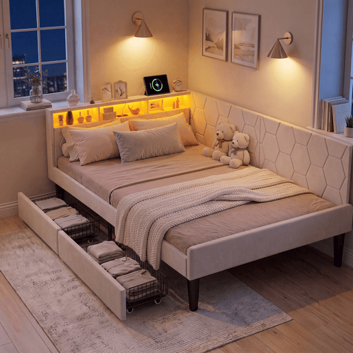 Cama estofada de 140x200 cm com estrado de ripas, cama de veludo com 2 gavetas, iluminação LED, porta de carregamento USB e Tipo-C, sofá-cama 2 em 1, bege Cama estofada de 140x200 cm com estrado de ripas, cama de veludo com 2 gavetas, iluminação LED, porta de carregamento USB e Tipo-C, sofá-cama 2 em 1, bege